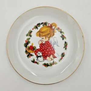 Jasco Porcelain 22k Gold Christmas Plate Kneeling Girl Angel Kitten Praying